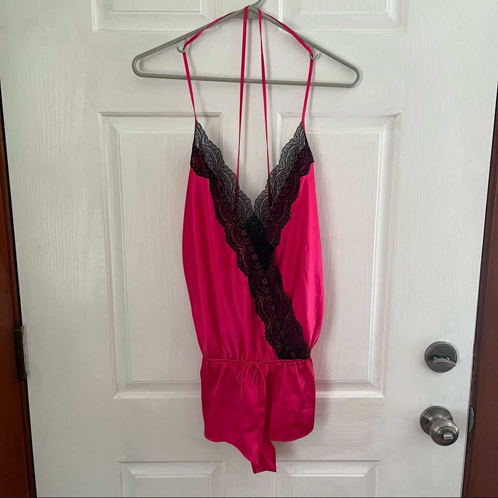 Victoria's Secret Hot Pink Satin and Lace Sexy Romper